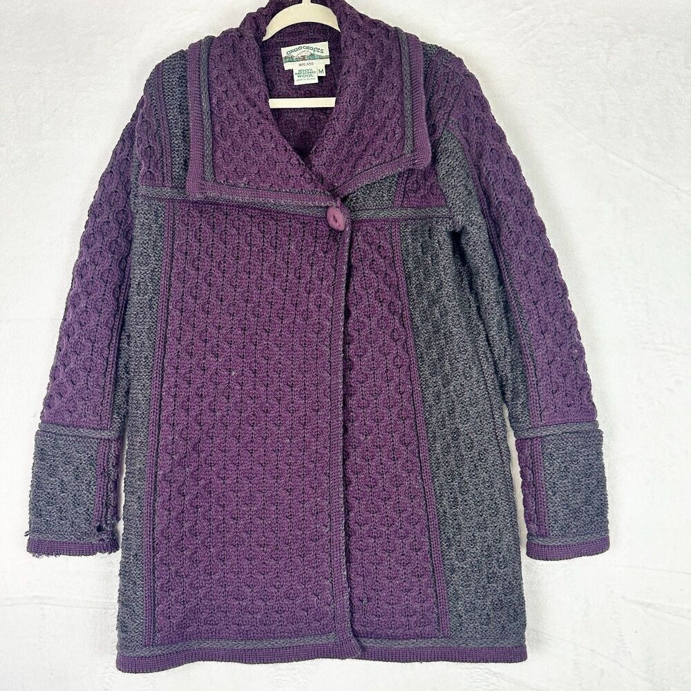 Aran Crafts Merino Wool Cable Knit Cardigan Size Medium Purple One Button FLAW